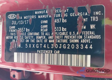 2018 Kia Optima S из США, поврежденный, VIN 5XXGT4L30JG203344